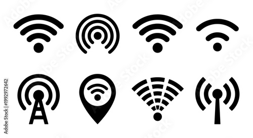Wireless wifi icon set with 8 black vector symbols, internet connection signal strength signs, radio wave antenna and hotspot location markers