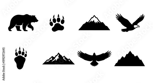 Wilderness adventure vector icons set, black silhouette bear and eagle symbols, mountain peaks and animal paw prints, 8 outdoor nature elements