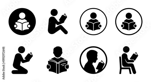 Minimalist reading book icon set, black silhouette people studying vector symbols, collection of 8 student and library reader pictograms