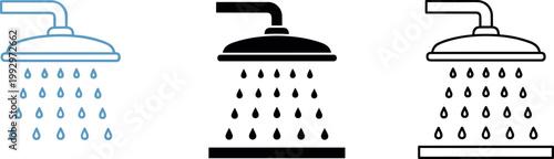 Shower head icons set with water drops in different styles line solid and outline bathroom vector illustration
