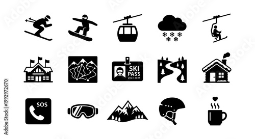 Ski resort icon set with 15 black vector silhouettes, winter sports equipment and mountain vacation symbols, minimalist outdoor recreation graphics