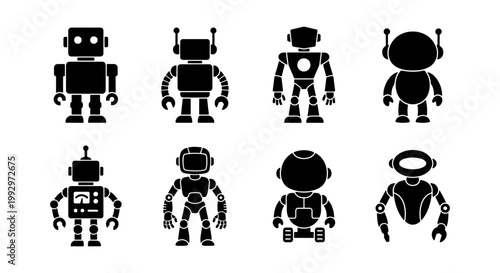 Retro robot silhouette icons set, vintage toy android vector collection, black mechanical character symbols for technology and gaming design