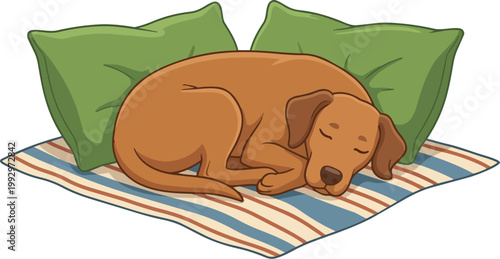 Sleeping brown dog curled up on striped blanket with green pillows peaceful rest vector illustration
