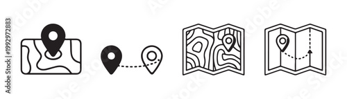 Set of map and location-related icons, featuring maps, pins, and routes, in flat and outline styles.