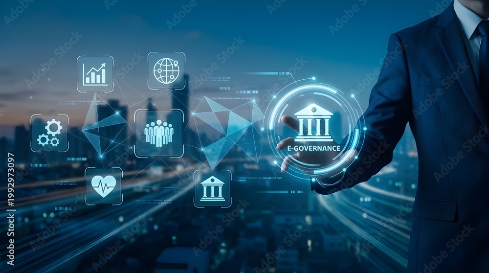 Obraz premium E-governance digital interface with businessman, smart city government technology icons, online public services and electronic administration concept