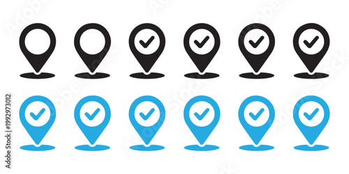 Collection of location pin icons with check marks, in black and blue colors, isolated on transparent background.