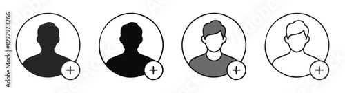 User profile icons with add plus symbol in solid outline gray and black variations on transparent background.