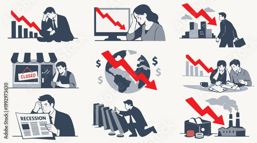 Global Economic Crisis and Financial Struggles Illustrated Set