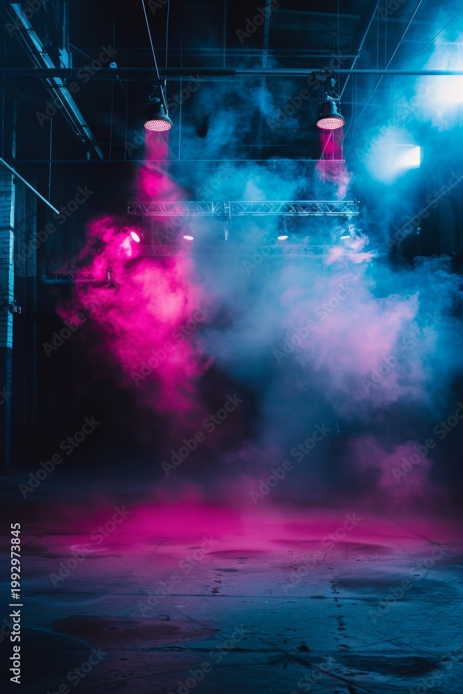 Fototapeta premium Empty dark stage, neon spotlights, smoke texture background, fog stage interior, showroom