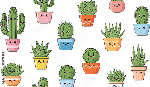 Cute Kawaii Cactus and Succulent Vector Set in Colorful Pots Featuring Smiling Desert Plants for Kids Design, Home Decor, Stickers, and Nursery Illustration