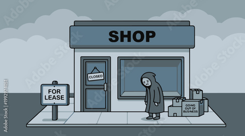 Sad Figure in Front of a Closed Shop with for Lease Sign and Going Out of Business Boxes
