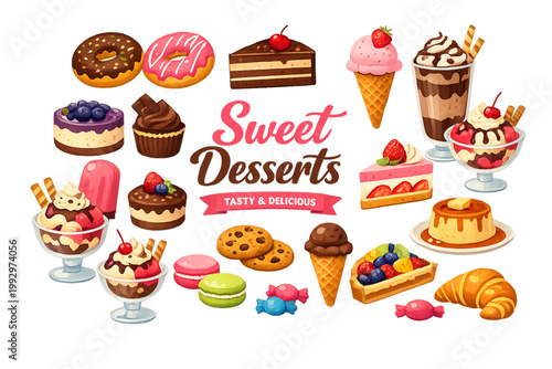 sweet treats gallery, vibrant dessert collection, colorful sweets display, candy and dessert set, playful dessert illustration, bright bakery treats, sugary snack assortment, colorful candy collection