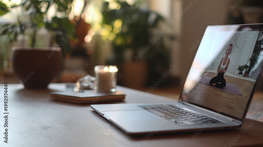 Fototapeta premium Person practices yoga at home using a laptop for guidance at a sunny location