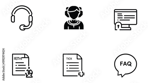Support Icon Set: A collection of simple, streamlined icons representing customer support, including a headset, customer service representative, computer, document, checklist.