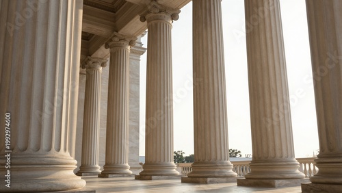 Close-up of classical marble columns at a government building in Athens, Greece.