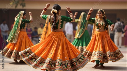 Women in traditional Indian attire dancing Garba during Navratri festival.