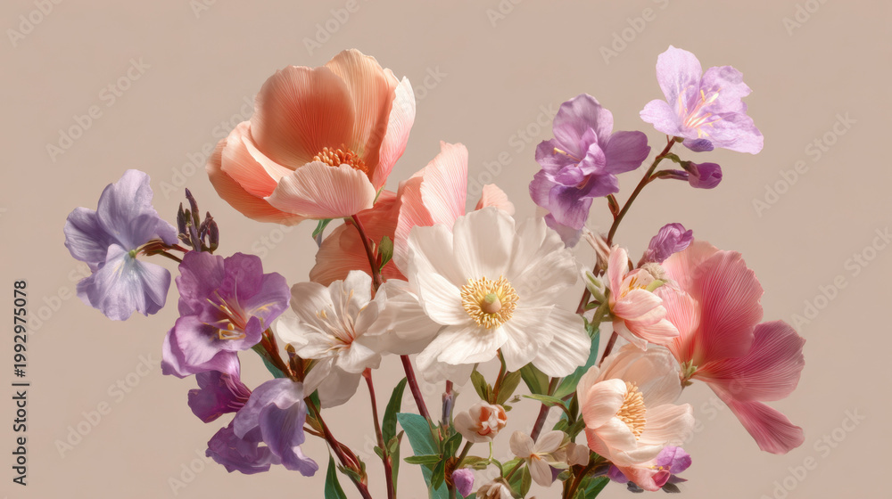 Obraz premium Pastel floral composition on neutral background, delicate spring flowers arrangement