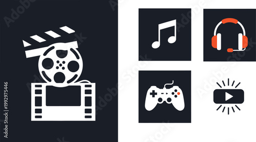 Multimedia icons film music gaming and streaming content representation