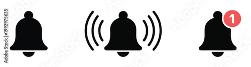 Bell notification icon vector solid ringing with alert badge count one.