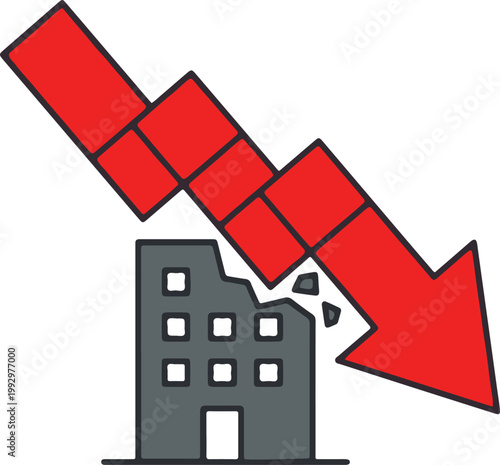 Financial Crisis Impacts Building with a Sharp Downward Arrow