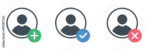 User account icons with status symbols for adding verifying and rejecting profiles.