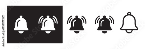 Simple bell icon variants in solid and outline styles with sound waves for notification system design.