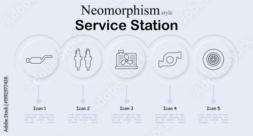 Service station set icon. Neomorphic circular interface line icons with exhaust muffler pipe, spark plugs pair, radiator fan unit, turbocharger turbine, car wheel rim.