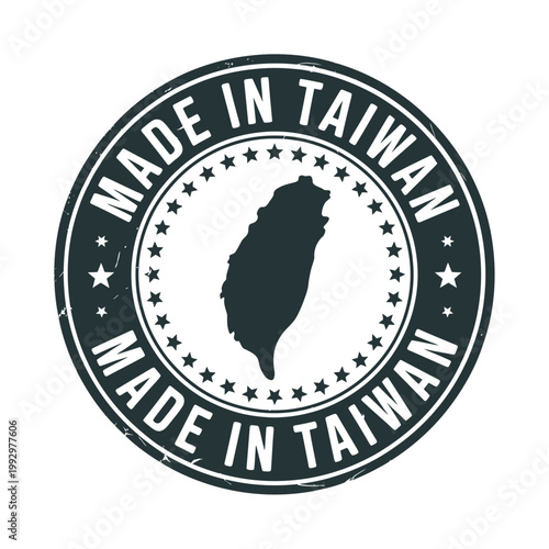 Circular stamp displaying made in taiwan with map silhouette