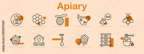 Apiary honey set icon. Gift hexagon hive pot crown bee house drip stick boxes jar sweet liquid wax comb production natural farming items.