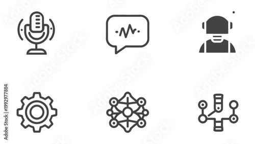 AI Icons Set: A sleek collection of stylized icons representing artificial intelligence concepts, including voice recording, speech waveform, robot, gear, neural network, and data analysis. 
