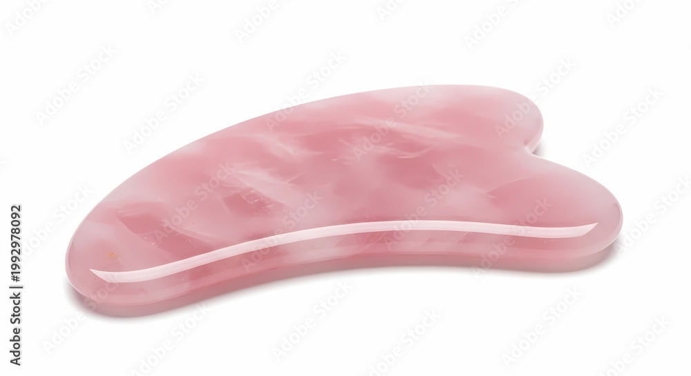 Fototapeta premium A smooth pink rose quartz gua sha facial massage tool on a white background.