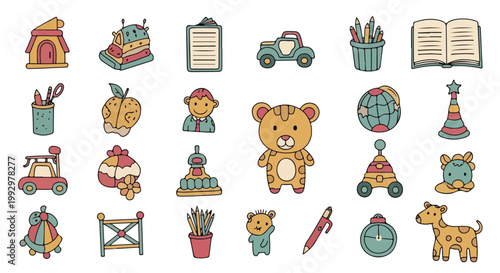 Vintage hand drawn toy icons set, retro nursery illustrations with teddy bear and school supplies, 24 childhood vector elements for kids design