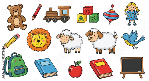 Childhood education vector set, 15 colorful kindergarten icons, school supplies and nursery toys collection, cute animal characters for kids