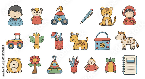 Hand drawn doodle toy icons set, 18 colorful nursery and school elements, cute cartoon animal and stationery vector illustrations for kids