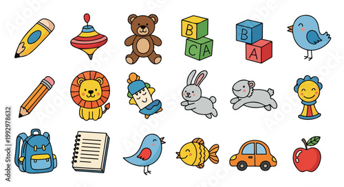 Hand drawn doodle icons for kids and education, set of 18 colorful vector illustrations, cute school supplies and nursery toys collection