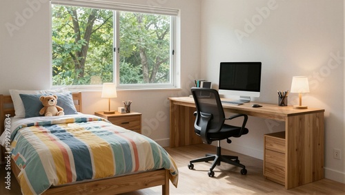 A well-organized college dorm room featuring a wooden bed with colorful bedding and a teddy bear, paired with a study desk setup including a computer, lamp, and office chair.