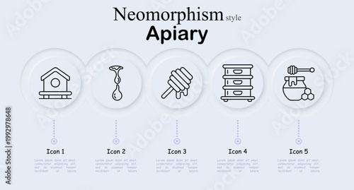 Apiary set icon. Wooden beehive house, dripping honey ladle tool, honey dipper stick with liquid drop, stacked hive boxes, honey jar with dipper honeycomb cells
