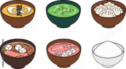 Cute Japanese Food Bowl Set with Ramen, Miso Soup, Rice, and Traditional Asian Cuisine Illustrations for Menu and Restaurant Designs