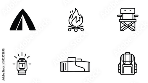 Camping Icons: A set of six monochrome camping icons representing a tent, a bonfire, a folding chair, a flashlight, a sleeping bag, and a backpack, perfect for outdoor and adventure themes.