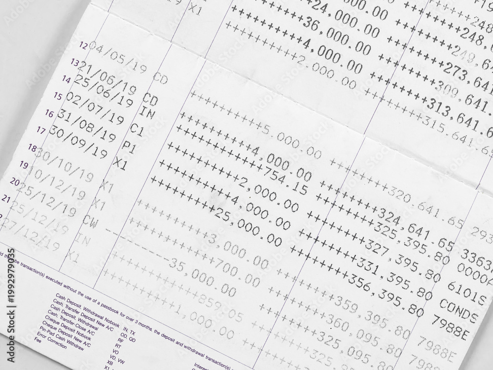 Fototapeta premium Bank account book statement balance number cash, data investment debt math in office, bill receipt and payment business credit card account, check paper financial loan tax concept.