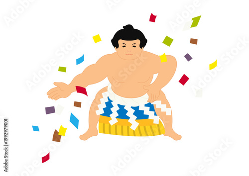 Sumo wrestler Yokozuna performing the ring-entering ceremony, vector illustration