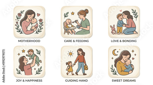 Mother spending time with children set in warm flat cartoon illustration style