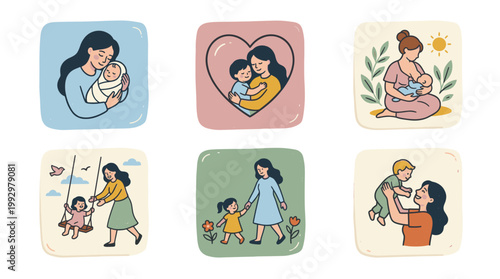 Mother spending time with children set in warm flat cartoon illustration style
