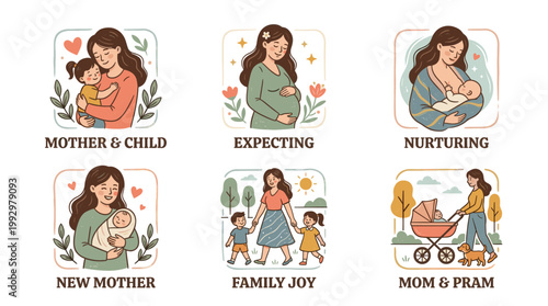 Mother spending time with children set in warm flat cartoon illustration style