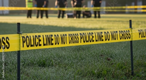 Crime Scene Investigation - Police Tape and Blurred Figures.