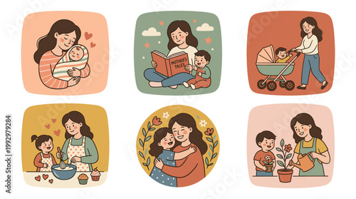 Mother spending time with children set in warm flat cartoon illustration style