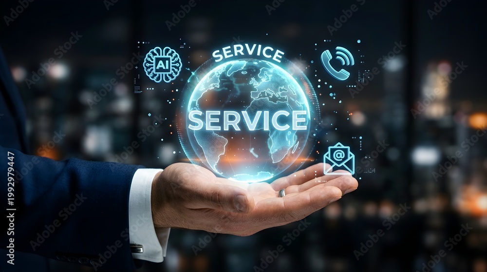 Fototapeta premium Businessman Holding Digital Service Globe with AI, Service Icons, and Technology Network in Office View
