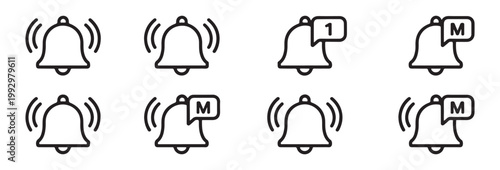 Set of ringing notification bell line icon with new message, social media activity.