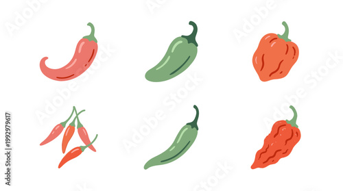 Hot  pepper varieties set in clean flat food illustration style