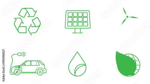 Photos Eco-Friendly Icons: Collection of line art icons representing sustainability, conservation, and eco-consciousness